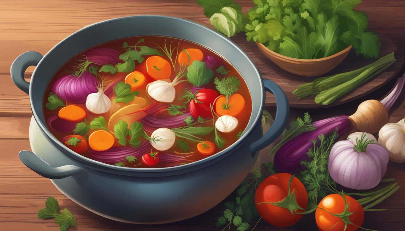 A steaming bowl of borscht sits on a rustic wooden table, surrounded by vibrant vegetables and herbs. A pot simmers on the stove, releasing the savory aroma of the hearty soup