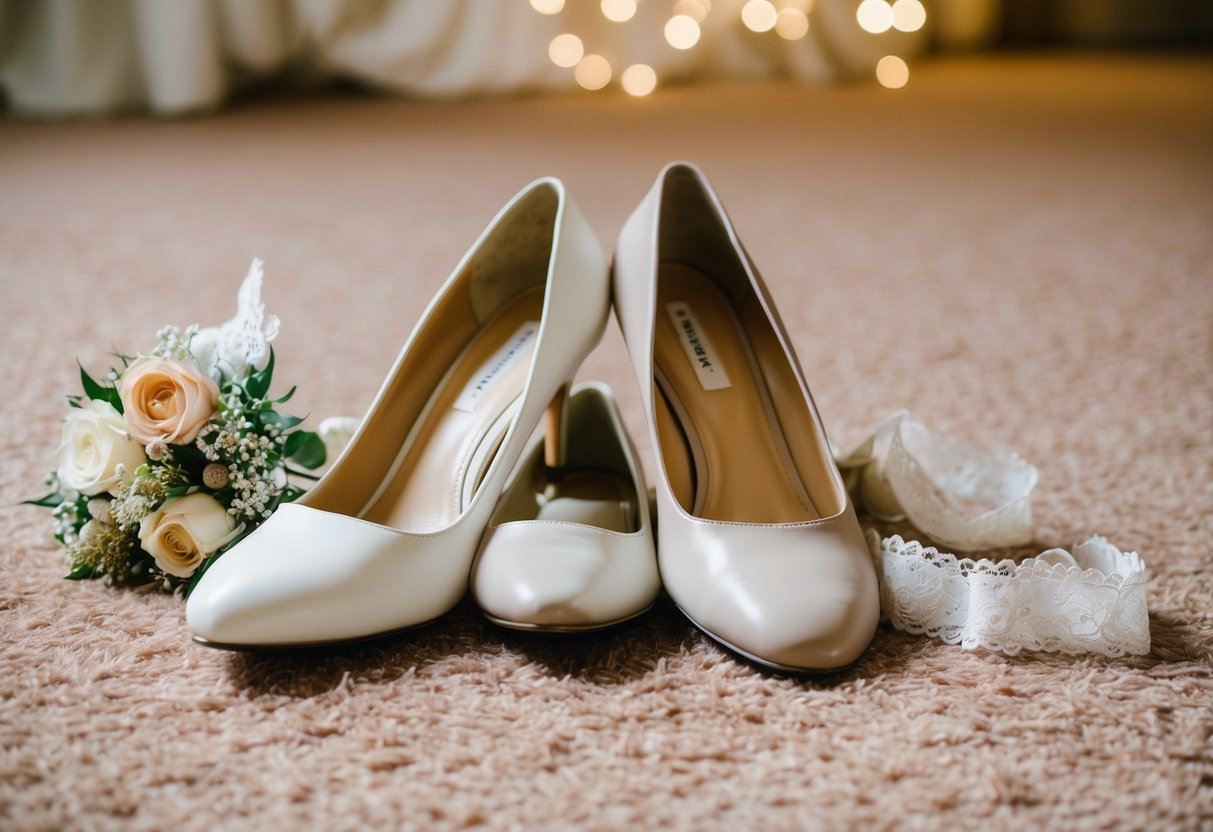 A pair of elegant high heels and a pair of comfortable flats sit next to each other on a plush carpet, surrounded by a delicate lace garter and a small bouquet of flowers