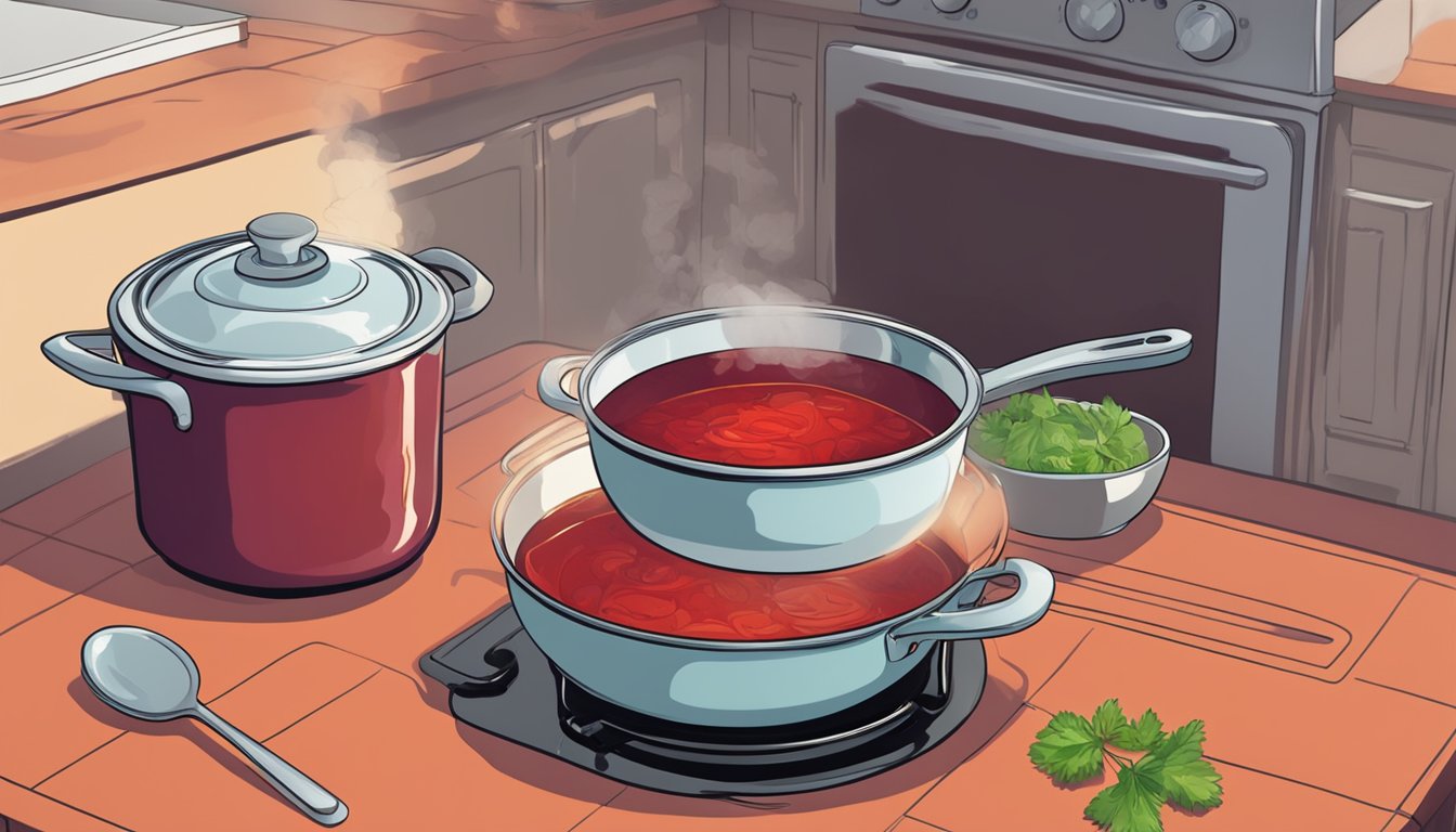 A pot of borscht sits on a stovetop, steam rising from the rich red broth. A bowl of reheated borscht is placed on a table, ready to be enjoyed