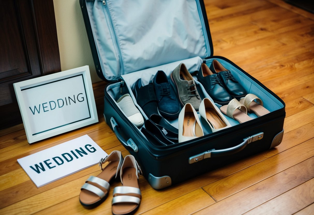 A suitcase open with dress shoes, casual shoes, and sandals spilling out onto a hardwood floor, next to a sign reading "Wedding."