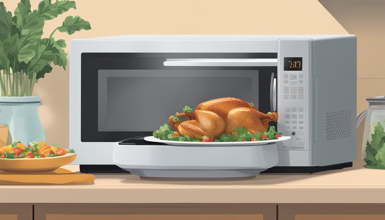 A plate of turkey breast medallions sits in a microwave next to a cover. The microwave's digital display reads "1:30" as the food reheats