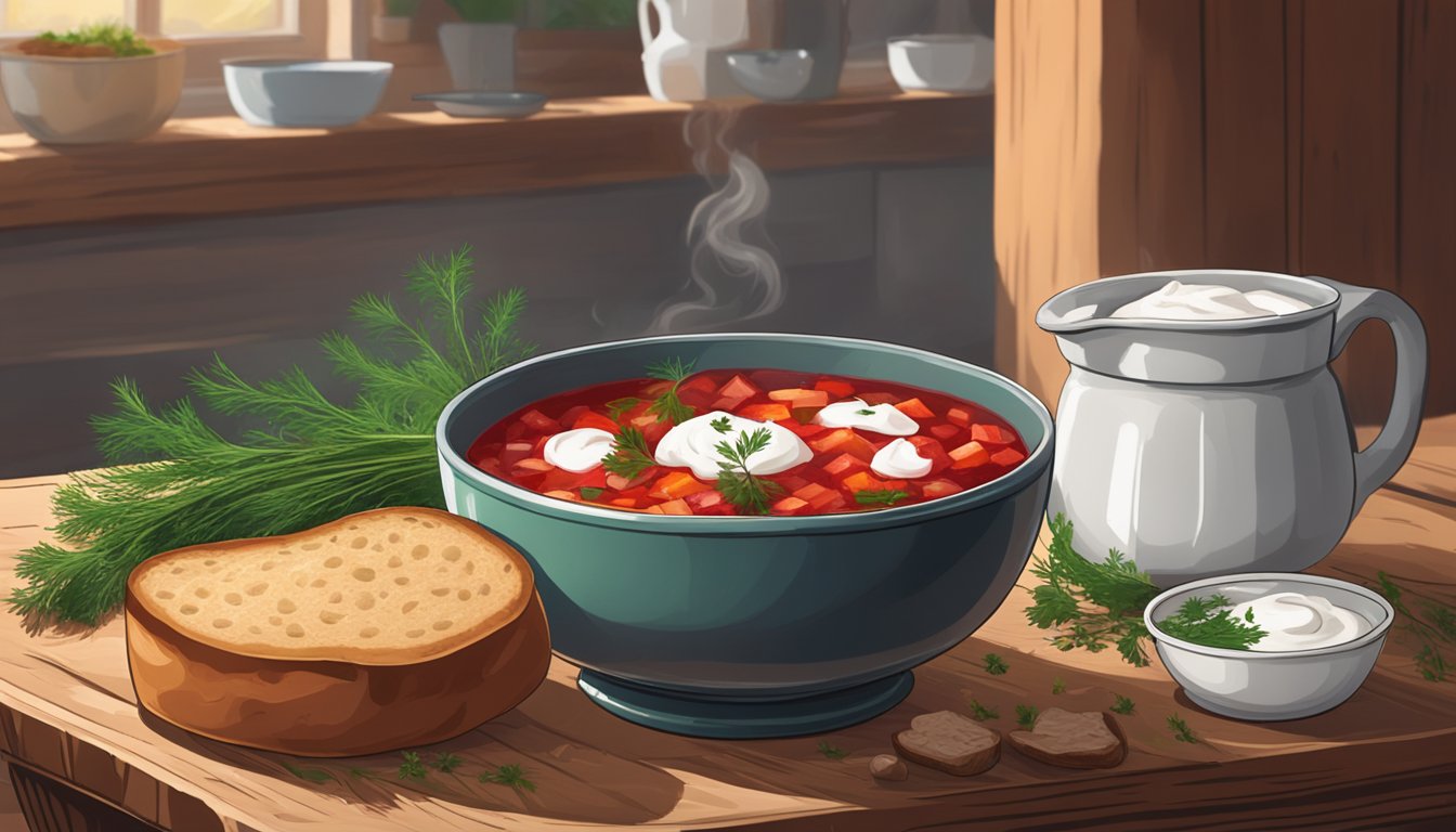 A steaming bowl of borscht sits on a rustic wooden table next to a freshly baked loaf of bread, a dollop of sour cream, and a sprinkle of chopped dill