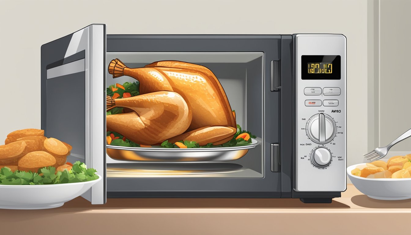 A microwave with a plate of turkey breast medallions inside, a fork next to it, and a timer set for reheating