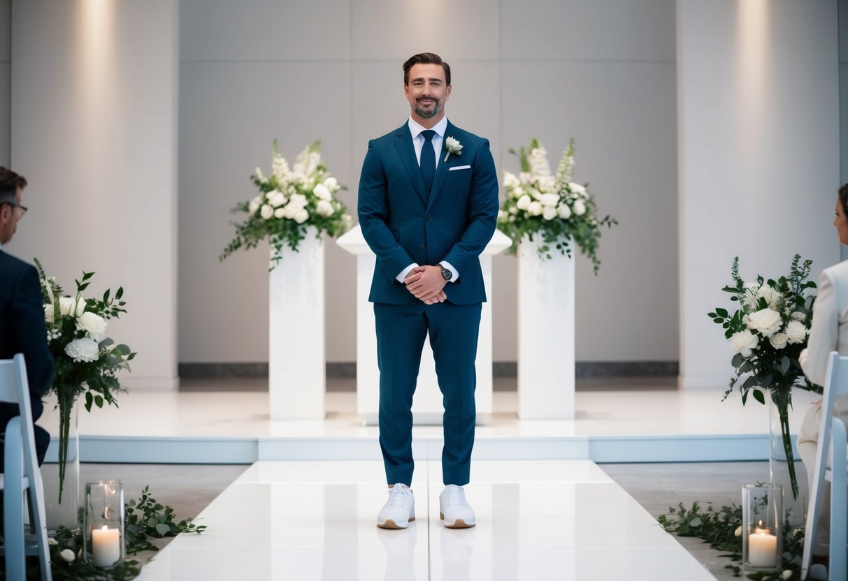 A groom in a tailored suit and tie, wearing clean white trainers, stands at the altar of a modern, minimalist wedding venue