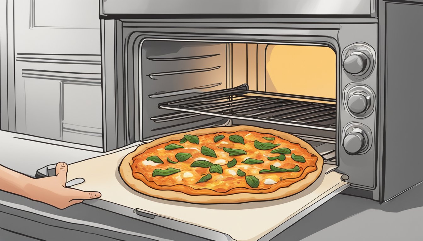 A slice of buffalo chicken pizza being placed onto a baking sheet in a preheated oven