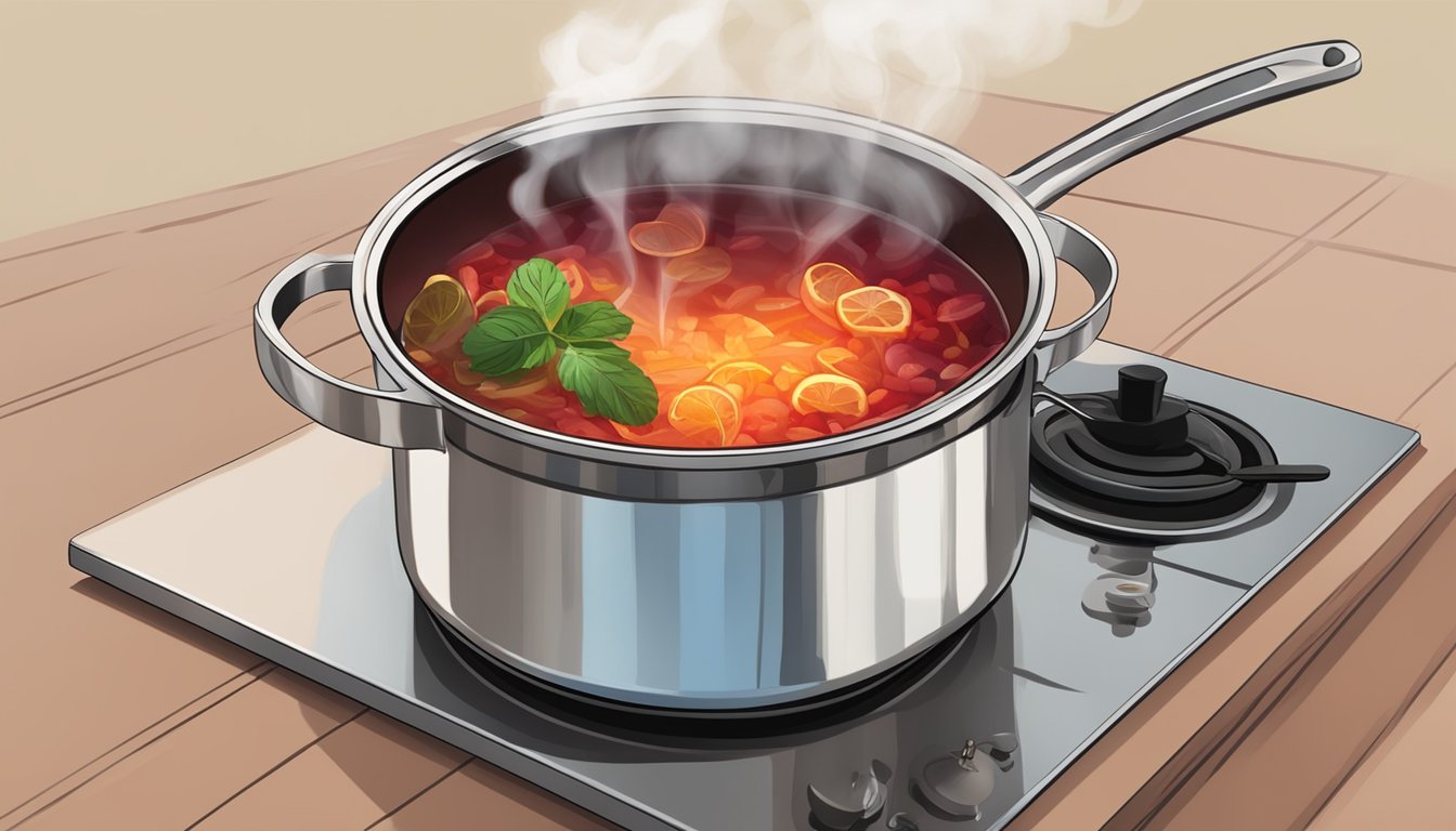 A pot of borscht simmering on a stovetop, steam rising, with a ladle nearby