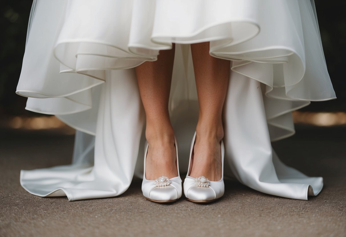 A pair of elegant white wedding shoes peek out from beneath a flowing wedding dress