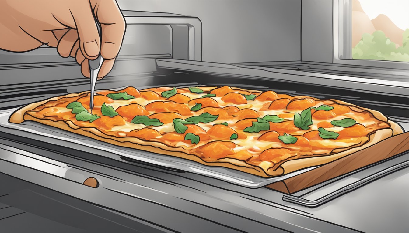 A slice of buffalo chicken pizza being placed on a baking sheet in a preheated oven