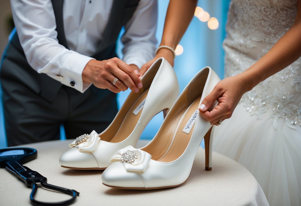 A pair of elegant, white wedding shoes being carefully fitted and customized to match a beautiful wedding dress