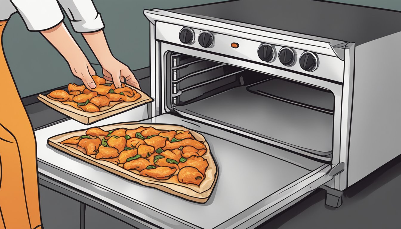 A person placing a slice of buffalo chicken pizza onto a baking sheet in a preheated oven