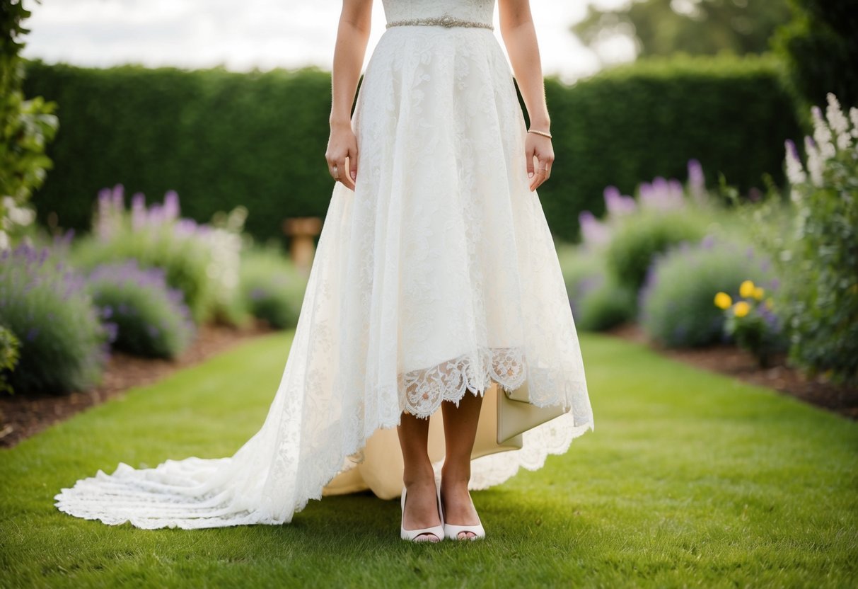 A bride standing in a garden with a vintage theme, her lace wedding dress trailing behind her, with her shoes peeking out from underneath