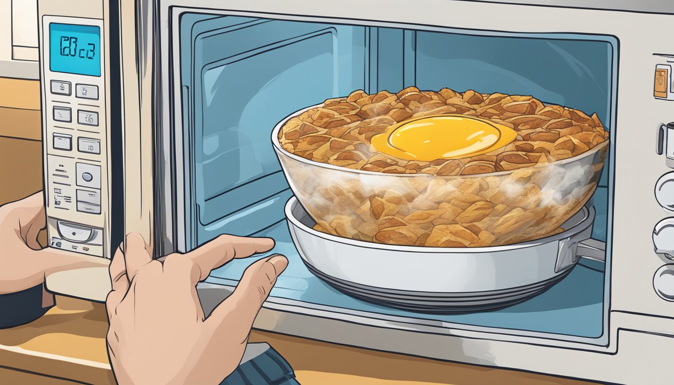 A microwave door open with a steaming breakfast bowl inside, a hand reaching in to remove it