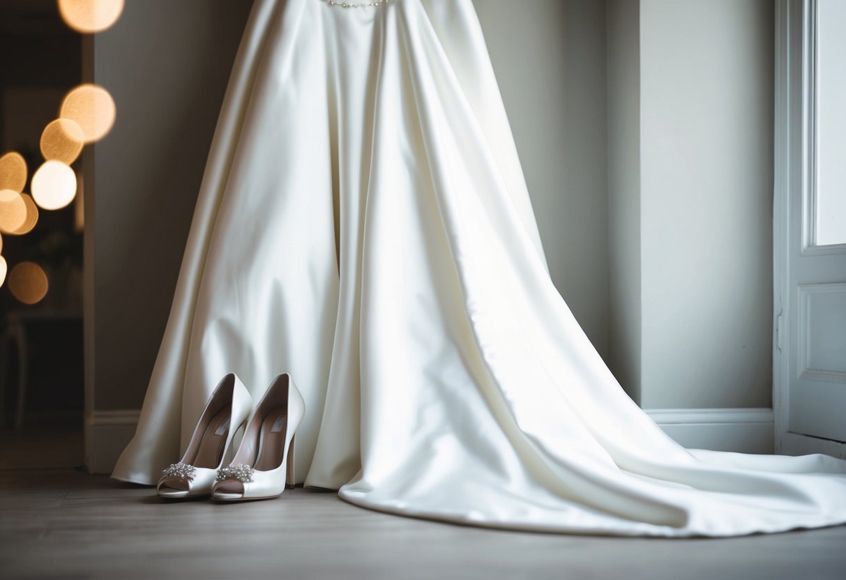 A white wedding dress with a long train hangs from a hanger, while a pair of elegant high heels sit nearby