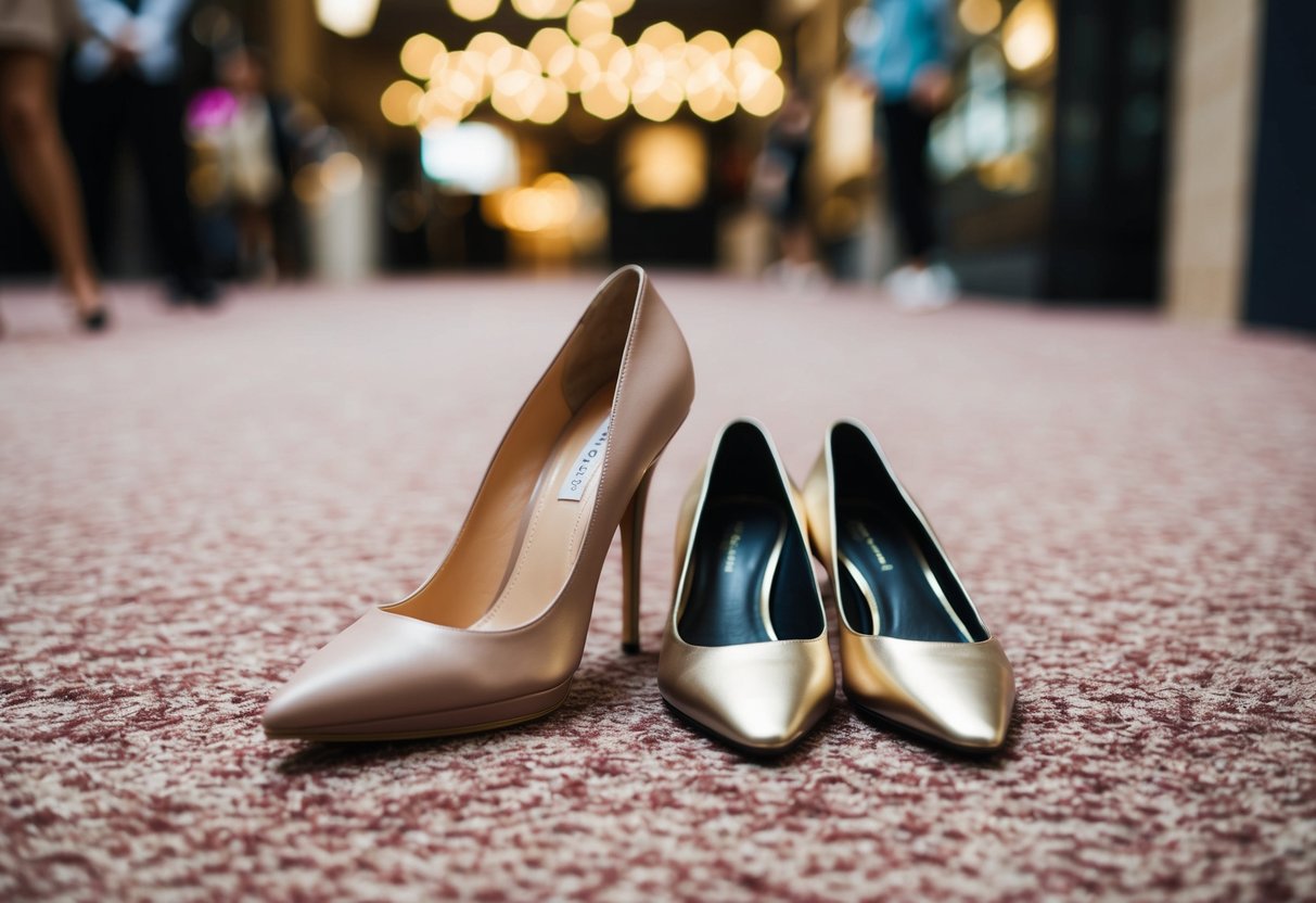 A pair of elegant heels and a pair of stylish flats placed next to each other on a plush carpet