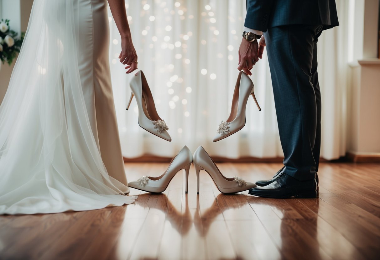 A pair of elegant wedding shoes placed on the floor, with the bride and groom standing back to back, each holding one of the shoes