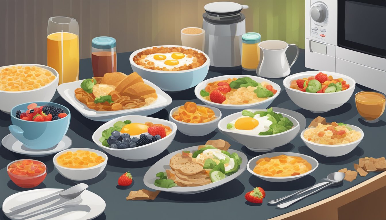 A variety of breakfast bowls with different toppings arranged on a table, with a microwave in the background for reheating