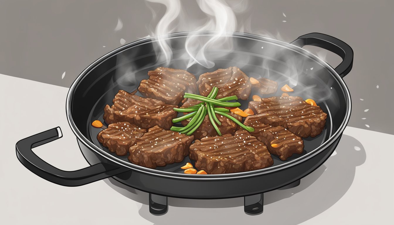 Sizzling bulgogi strips on a hot skillet, steam rising. A pair of tongs flipping the meat, releasing a savory aroma