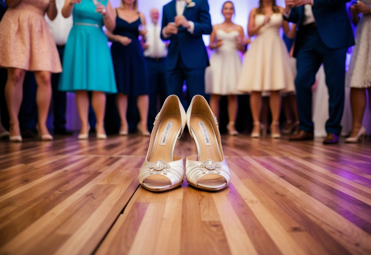 A pair of elegant wedding shoes placed side by side on the dance floor, surrounded by eager guests