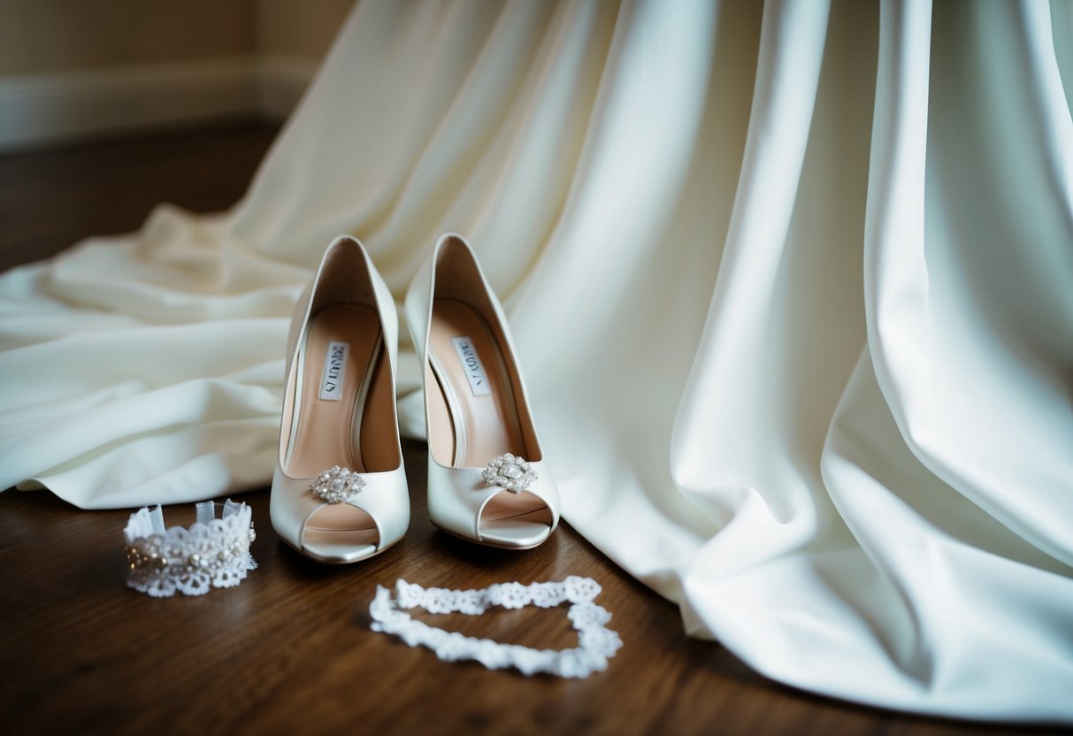 A bride's wedding dress draped over a pair of elegant high heels, with a delicate garter and other bridal accessories laid out nearby