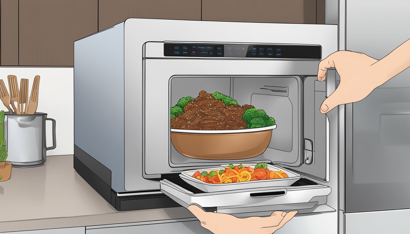 A bowl of bulgogi sits next to a microwave. The microwave door is open, and a person is placing the bowl inside. The person's hand is pressing the buttons to set the reheating time