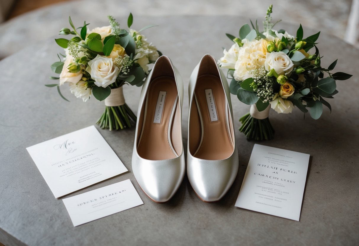 A pair of elegant heels and comfortable flats sit side by side, surrounded by a bouquet of flowers and a wedding invitation