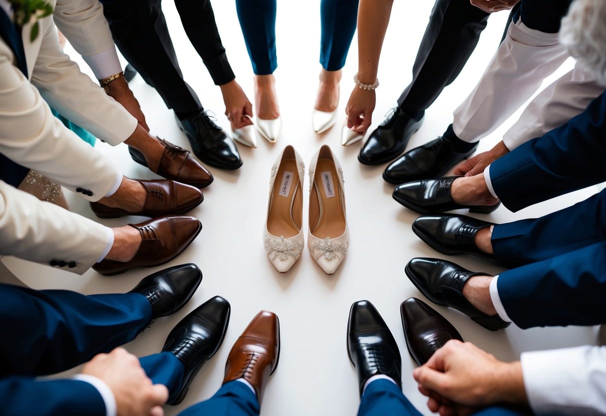 A pair of elegant wedding shoes placed in the center of a circle of guests, ready for the shoe game to begin
