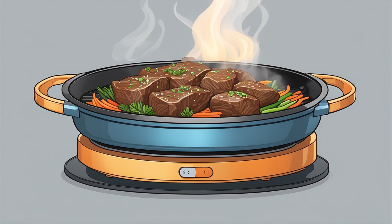 A sizzling pan with beef bulgogi being reheated over a stovetop, steam rising from the meat as it cooks