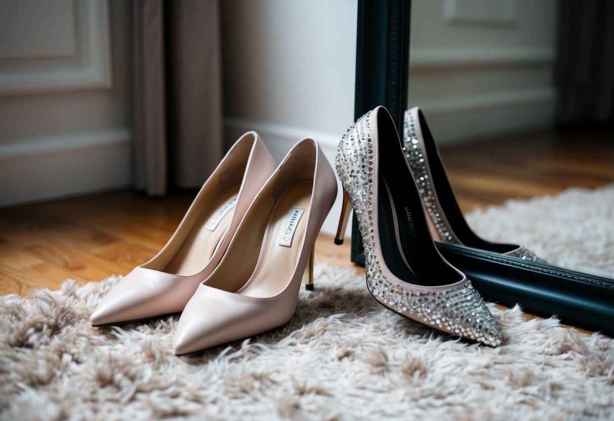 A pair of elegant heels and stylish flats placed next to each other on a plush rug, with a mirror reflecting their shimmering details