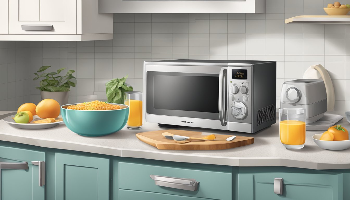 A kitchen counter with a microwave, breakfast bowls, and a pair of tongs