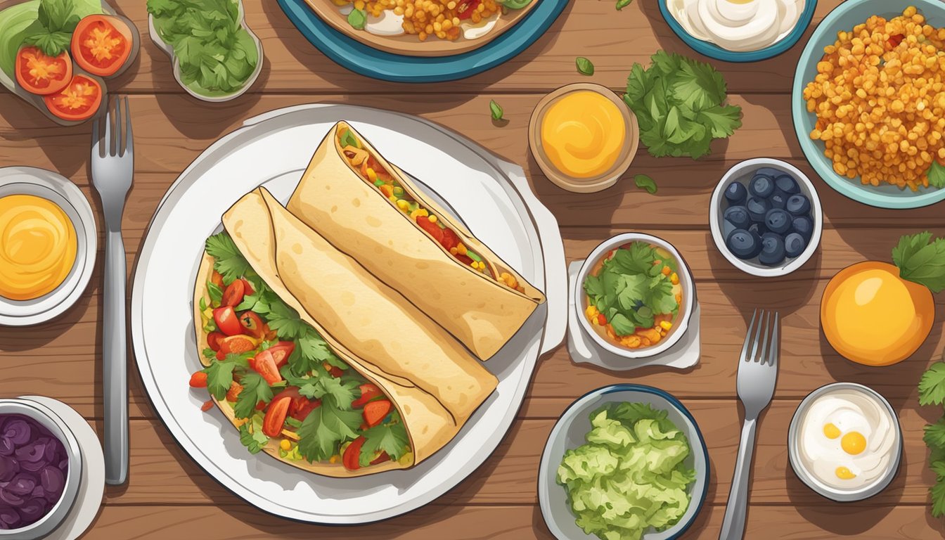 A plate of reheated breakfast burritos surrounded by colorful garnishes on a wooden table