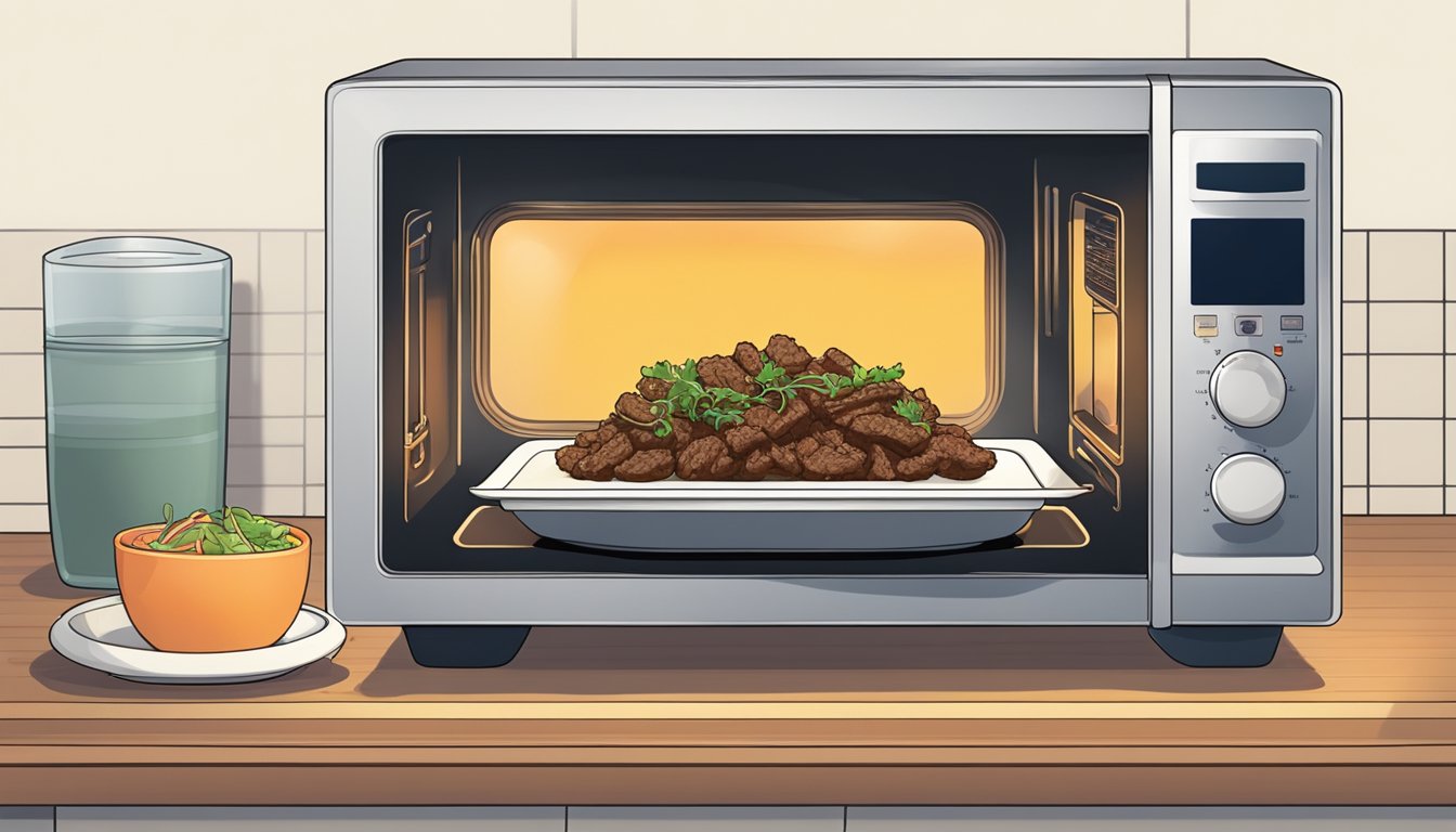 A plate of bulgogi being reheated in a microwave