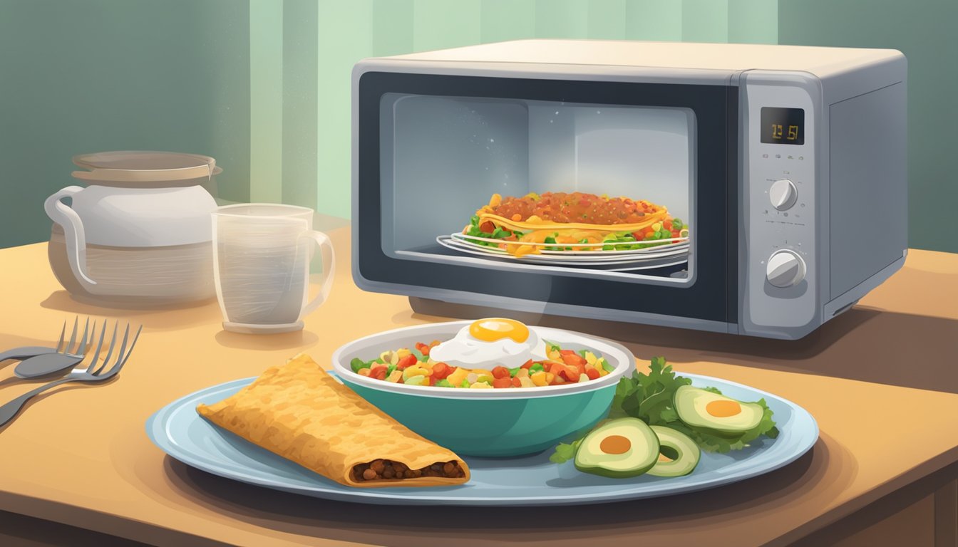 A microwave with a breakfast burrito on a plate, steam rising from the hot food. A timer set for reheating