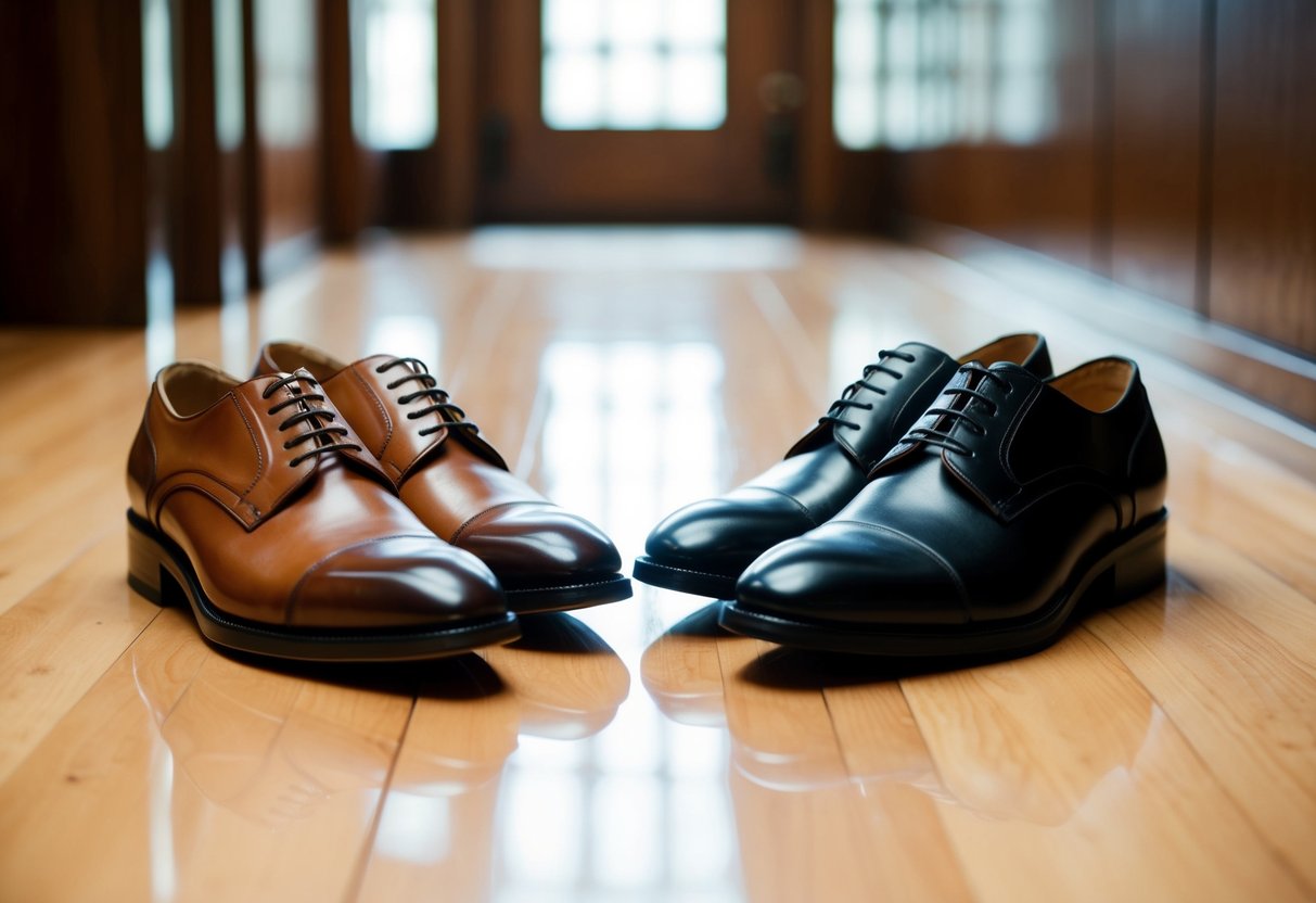 A pair of brown and black dress shoes side by side on a clean, polished wooden floor