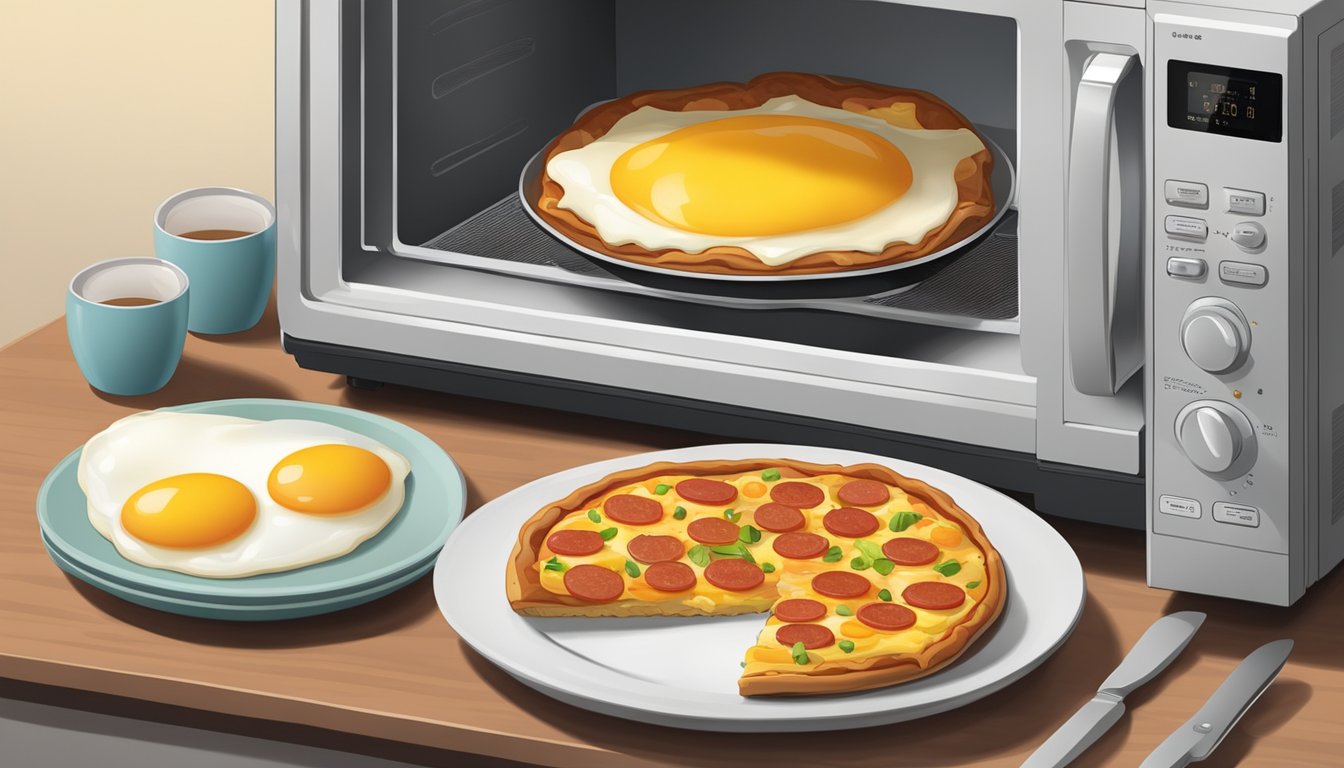 A microwave with a plate of breakfast pizza, eggs, and sausage