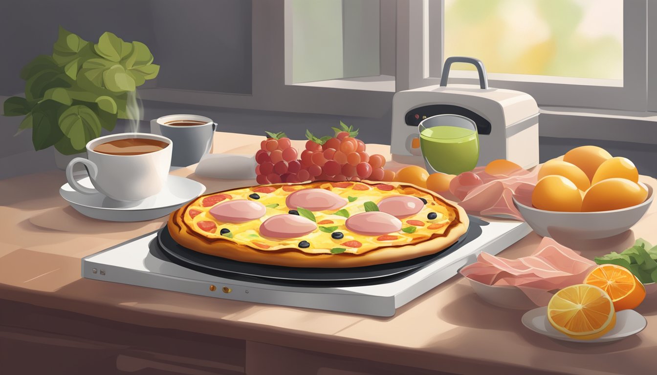 A breakfast pizza with eggs and ham being reheated in a toaster oven, with a side of fresh fruit and a steaming cup of coffee