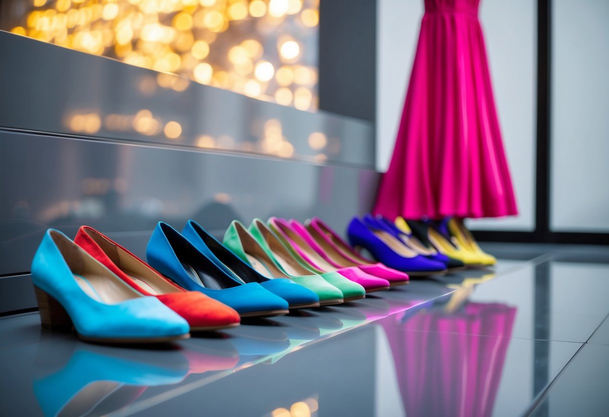 A row of colorful shoes lined up next to a flowing dress on a sleek, reflective surface