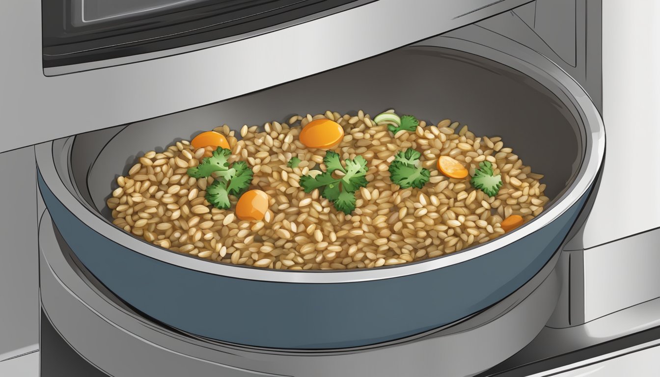 A bowl of brown rice and lentil salad being reheated in a microwave