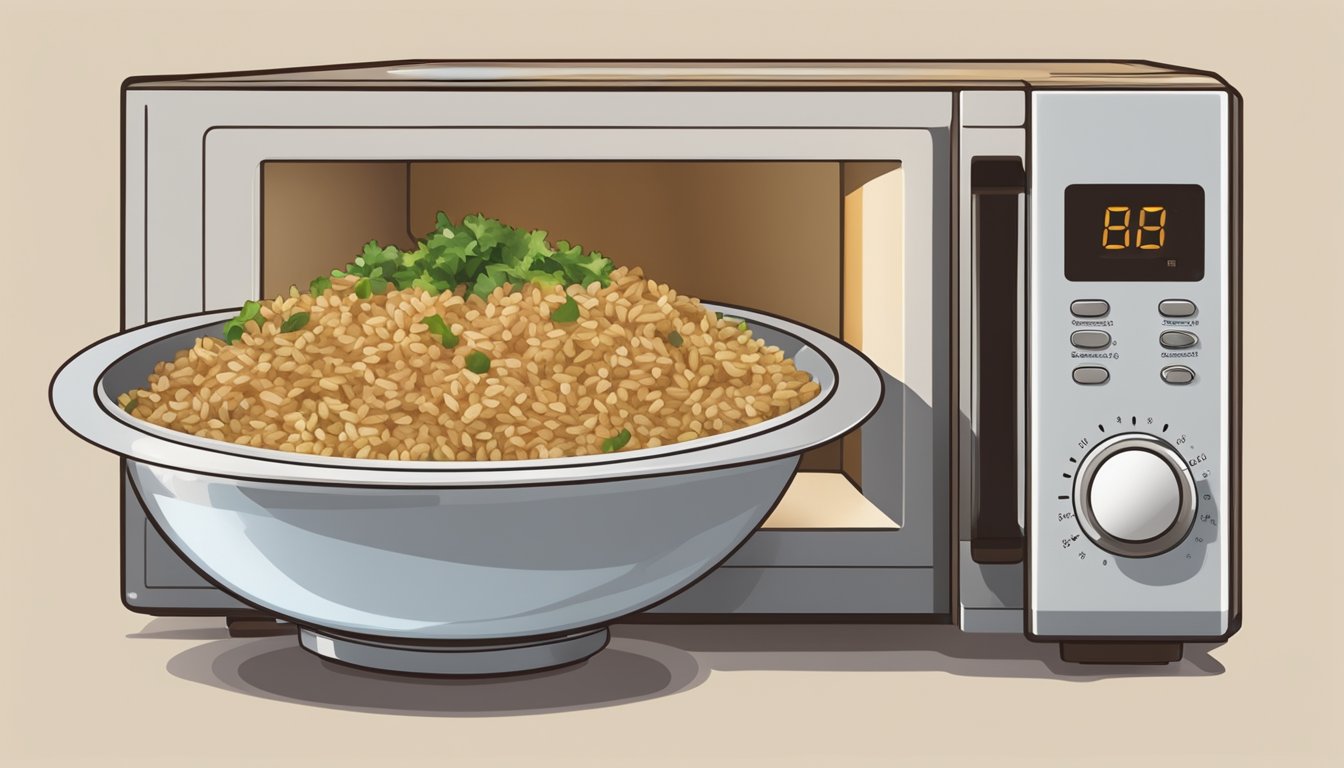 A microwave with a bowl of brown rice and lentil salad inside, with the timer set and the food steaming as it reheats