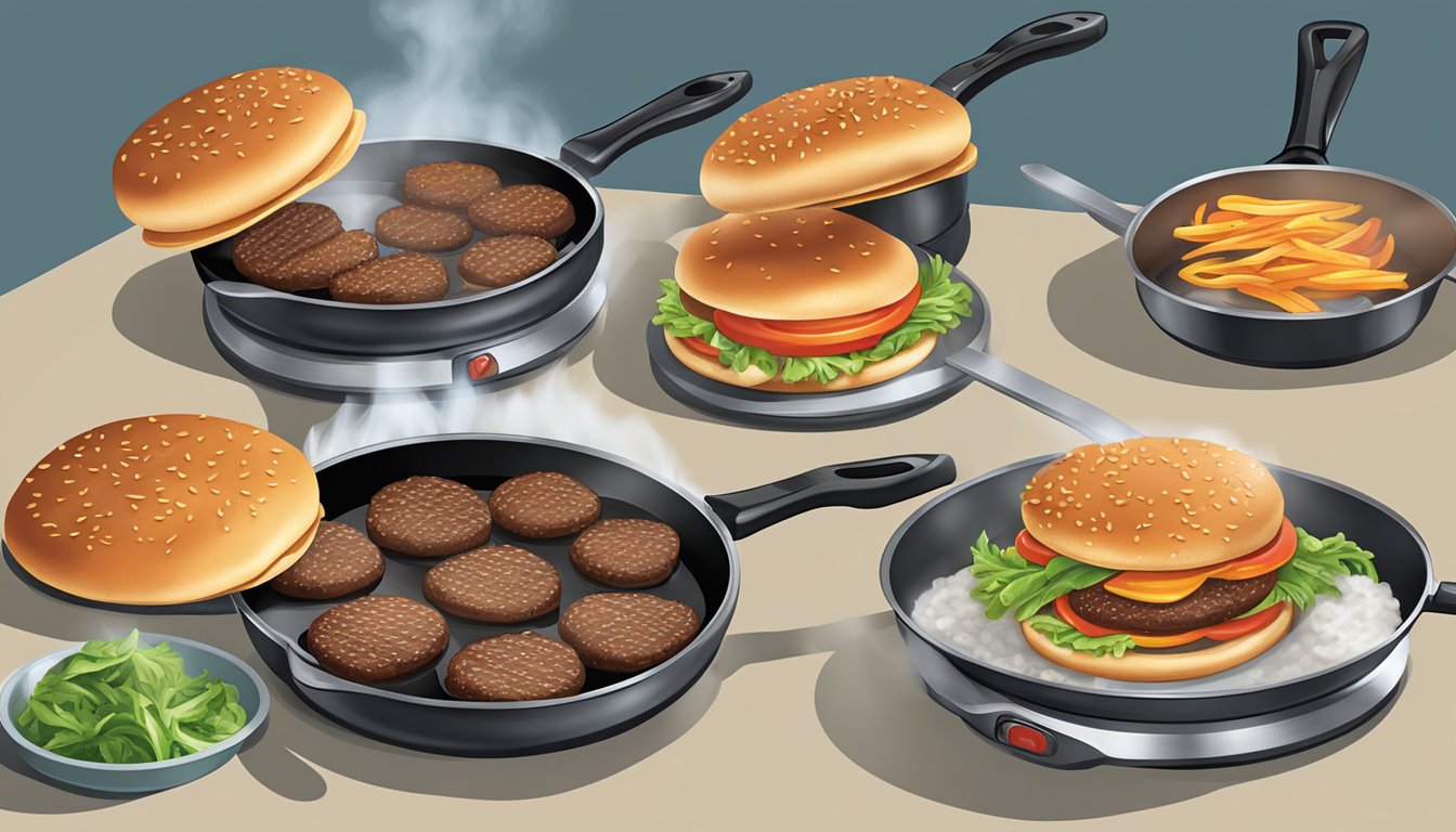 A skillet sizzling on a stovetop, bubba foods angus beef burgers cooking and steaming, spatula flipping them over