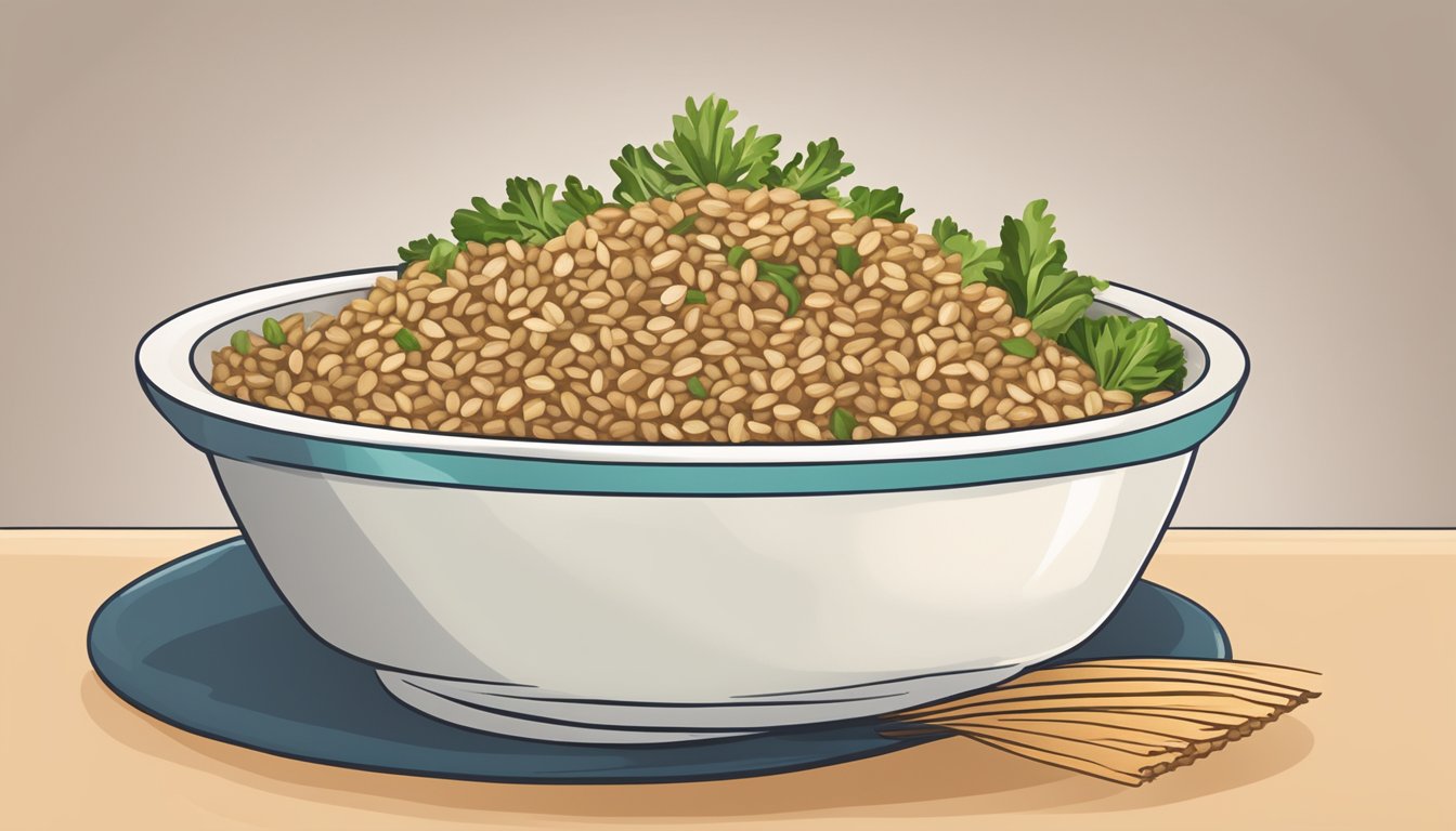 A microwave reheating a bowl of brown rice and lentil salad