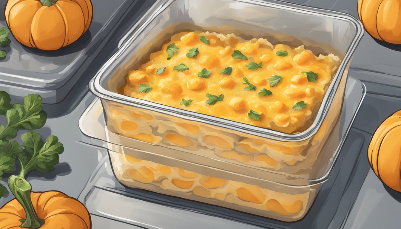 A butternut squash gratin is being stored in an airtight container in the refrigerator. It is then being reheated in the oven until it is warmed through and the cheese on top is melted and bubbly