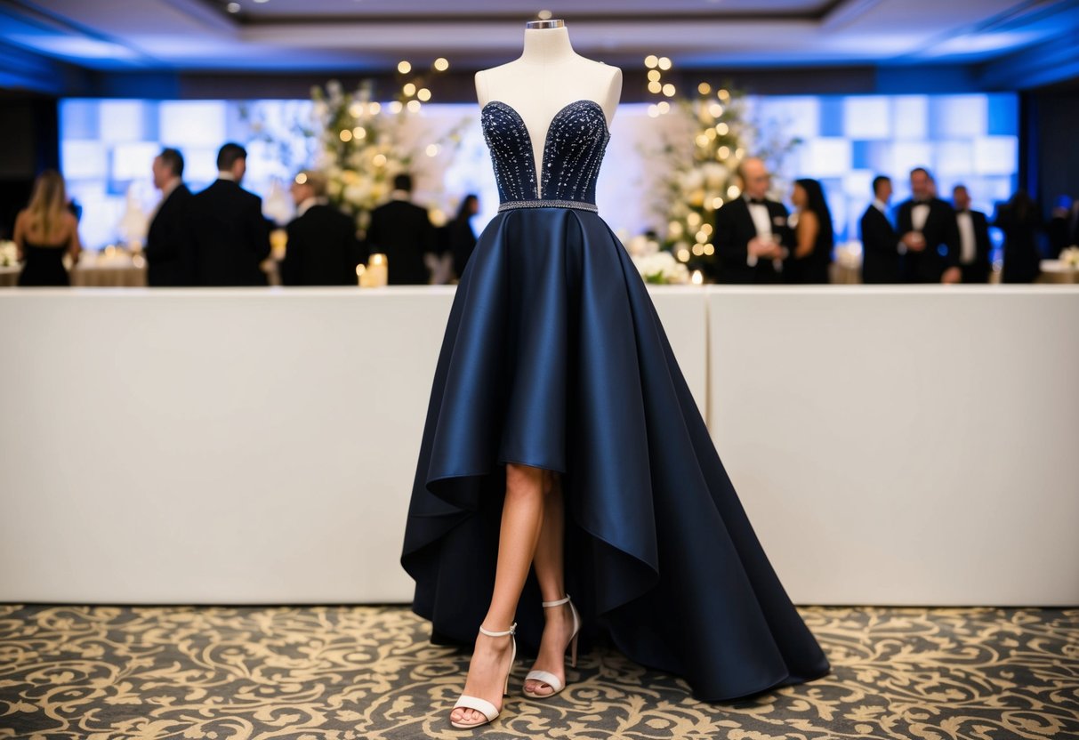 An elegant evening gown paired with open-toe heels, set against a backdrop of a luxurious event venue