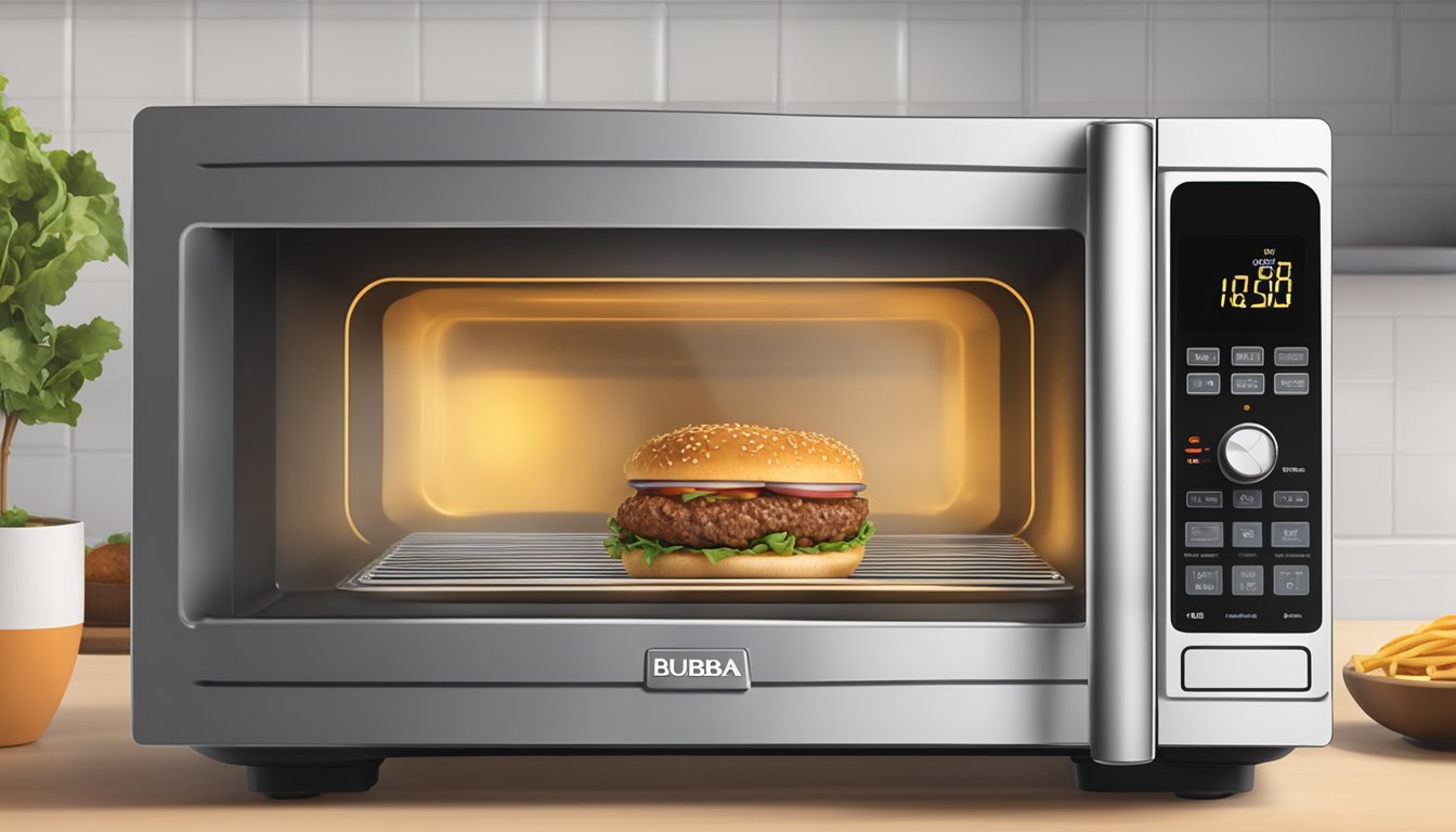 A microwave with a plate of bubba foods angus beef burgers inside, steam rising from the hot food