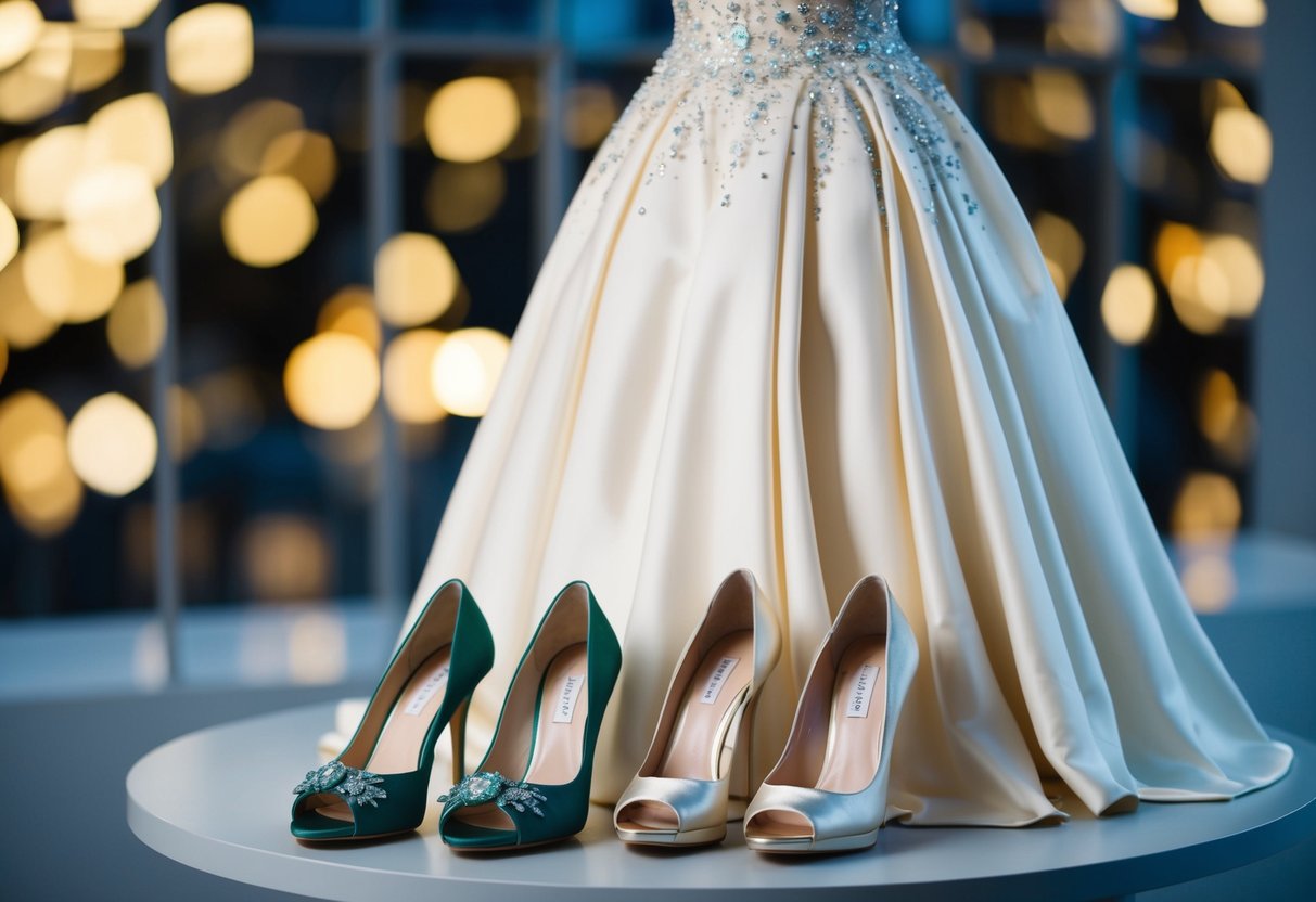 An elegant evening gown is displayed with two pairs of shoes - one open-toe and one closed-toe - positioned next to it for comparison