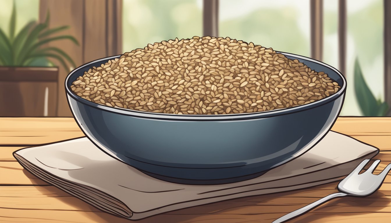 A bowl of reheated brown rice and lentil salad sits on a wooden table, steam rising from the warm dish. A fork rests beside the bowl, ready to be used