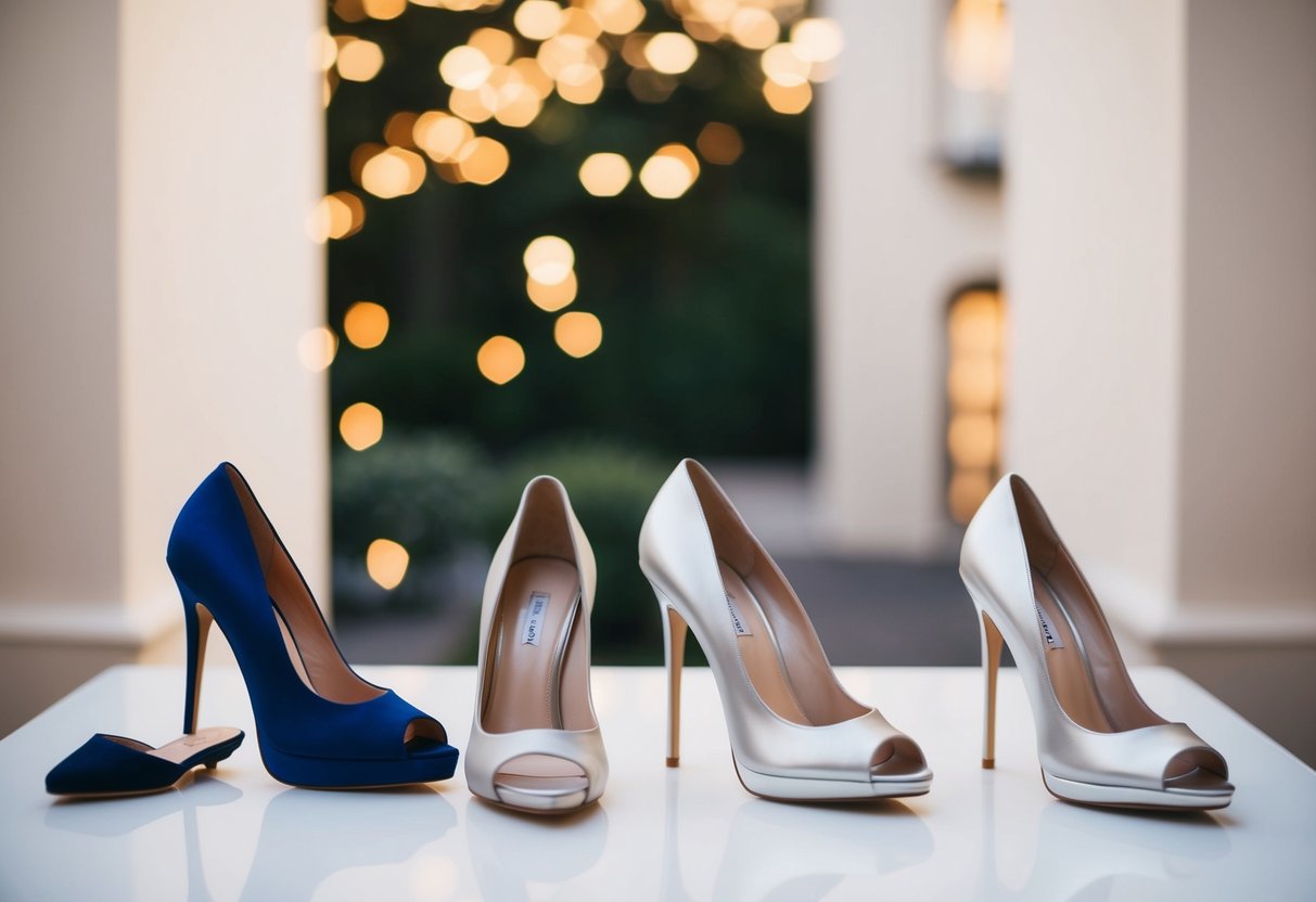 An elegant evening gown paired with both open and closed toe high heels, showcasing the impact of heel height and shoe type