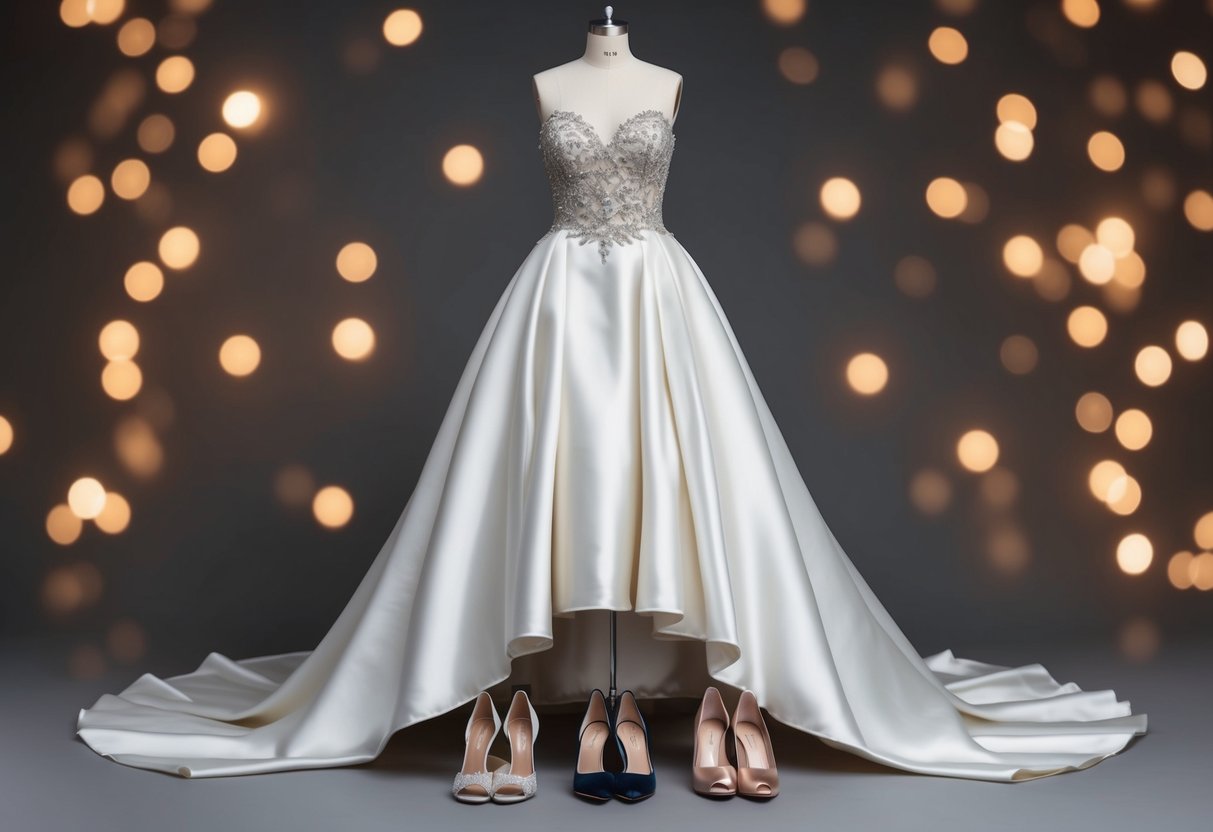 An elegant evening gown displayed with both open and closed toe shoe options