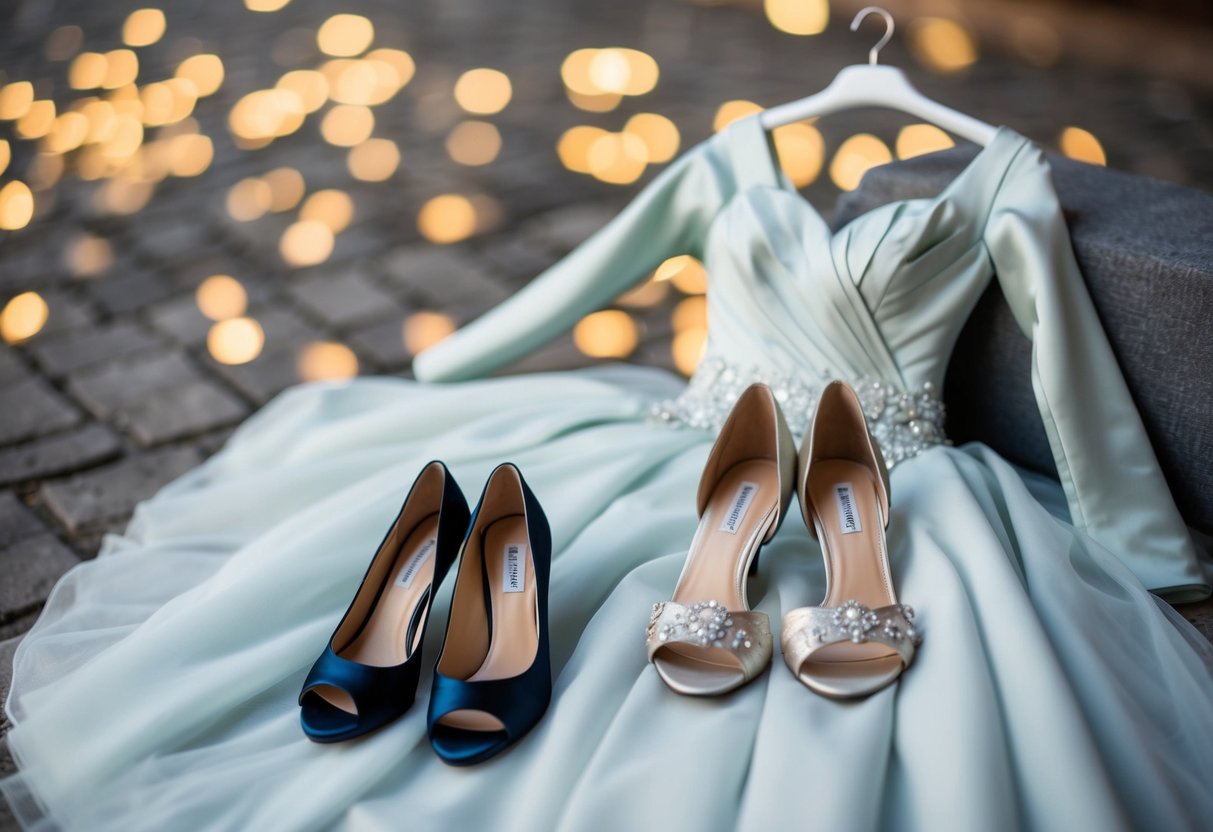 An elegant evening gown laid out with a pair of open-toe and closed-toe shoes placed nearby for comparison