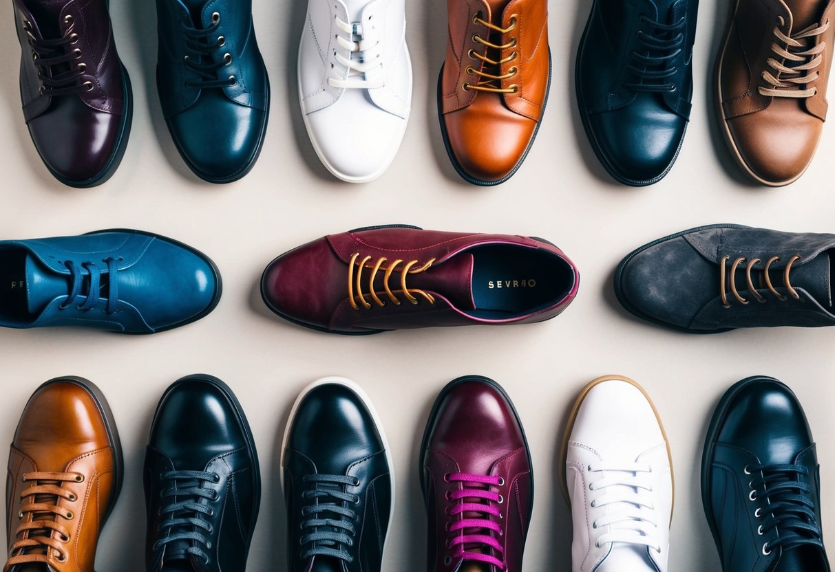 A collection of shoes in various colors and styles arranged on a neutral background