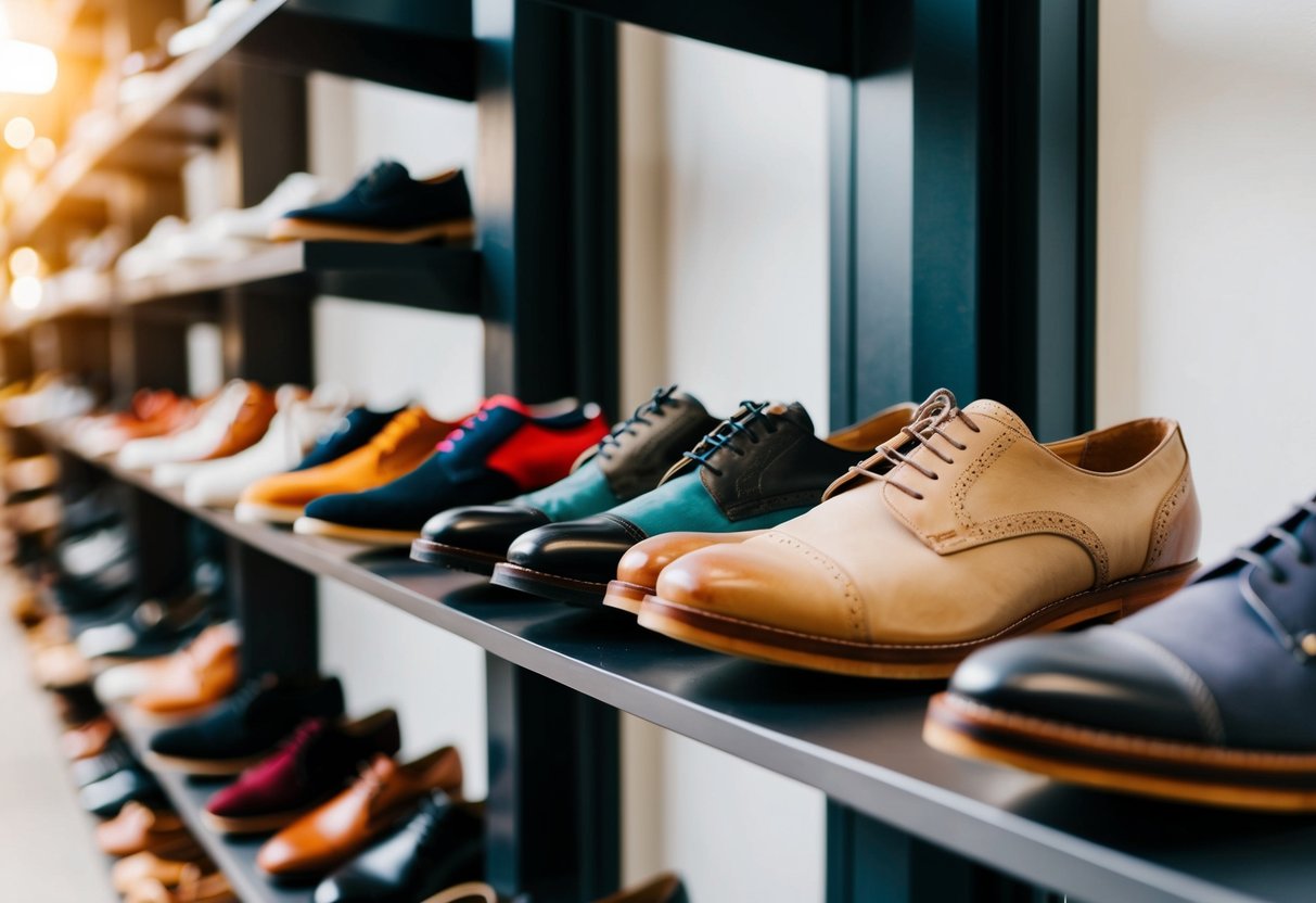 A collection of shoes in various styles and colors displayed on shelves or racks